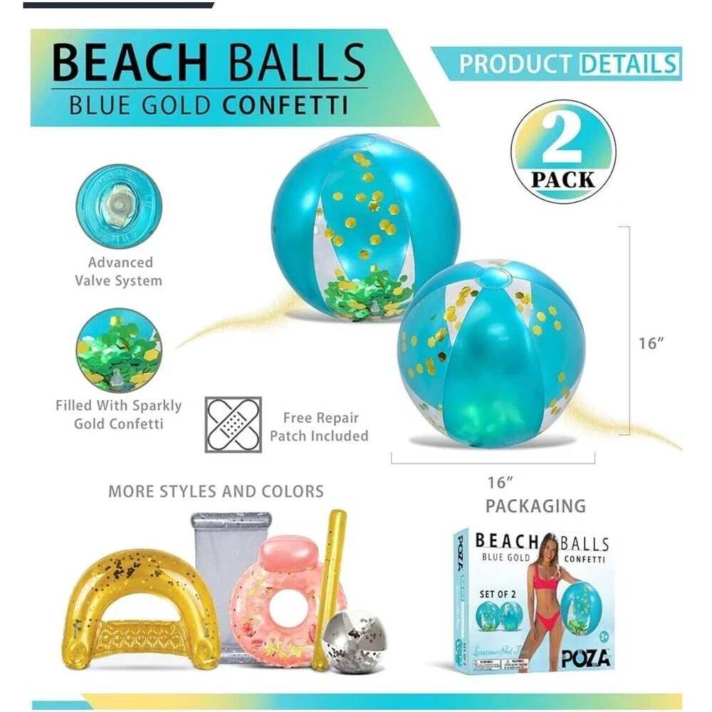 POZA Inflatable Beach Balls Set of 2 - Elegant Glitter Confetti Premium Floaters